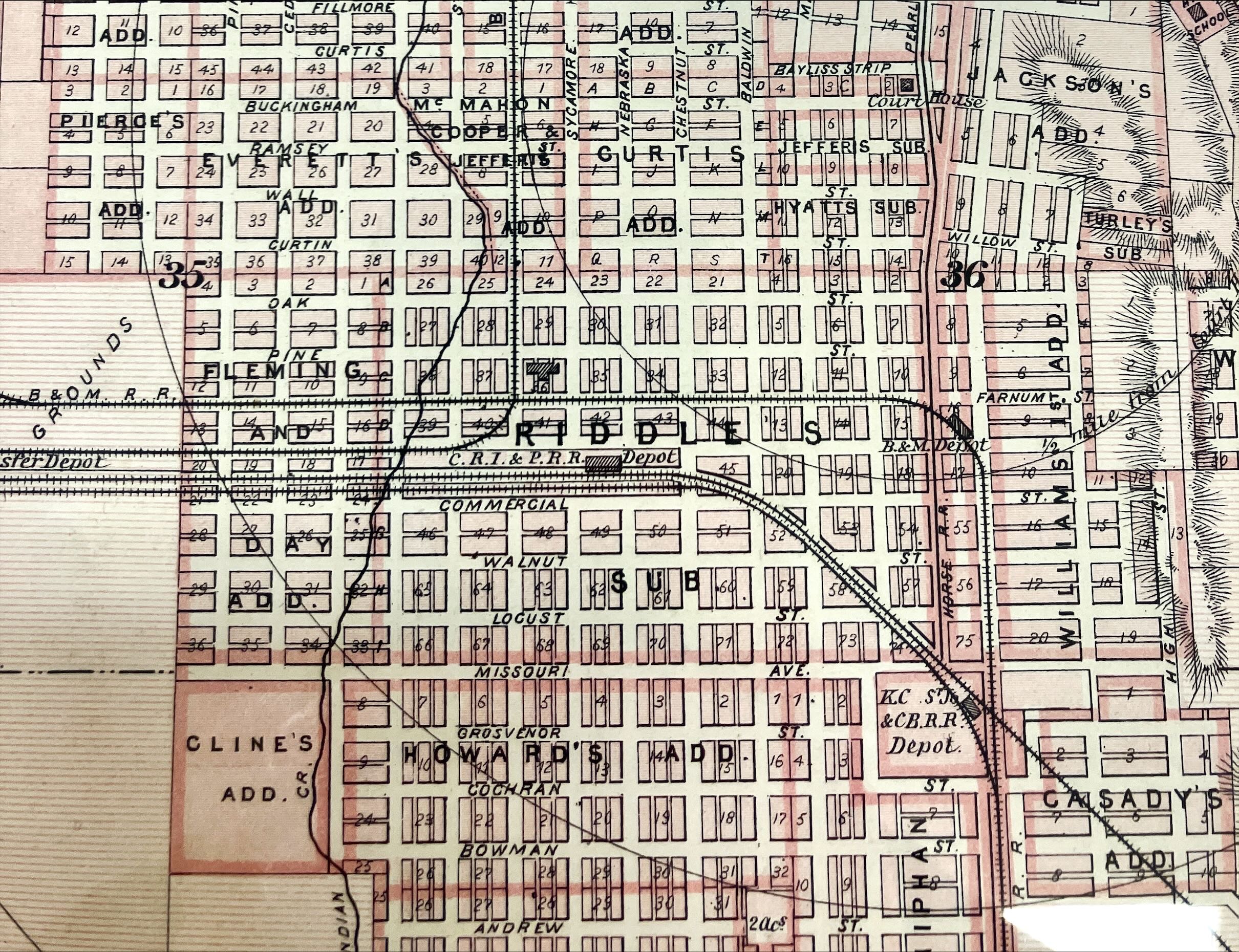 Photo of 1875 map of Council Bluffs showing the Chicago, Rock Island & Pacific Railroad rail yard