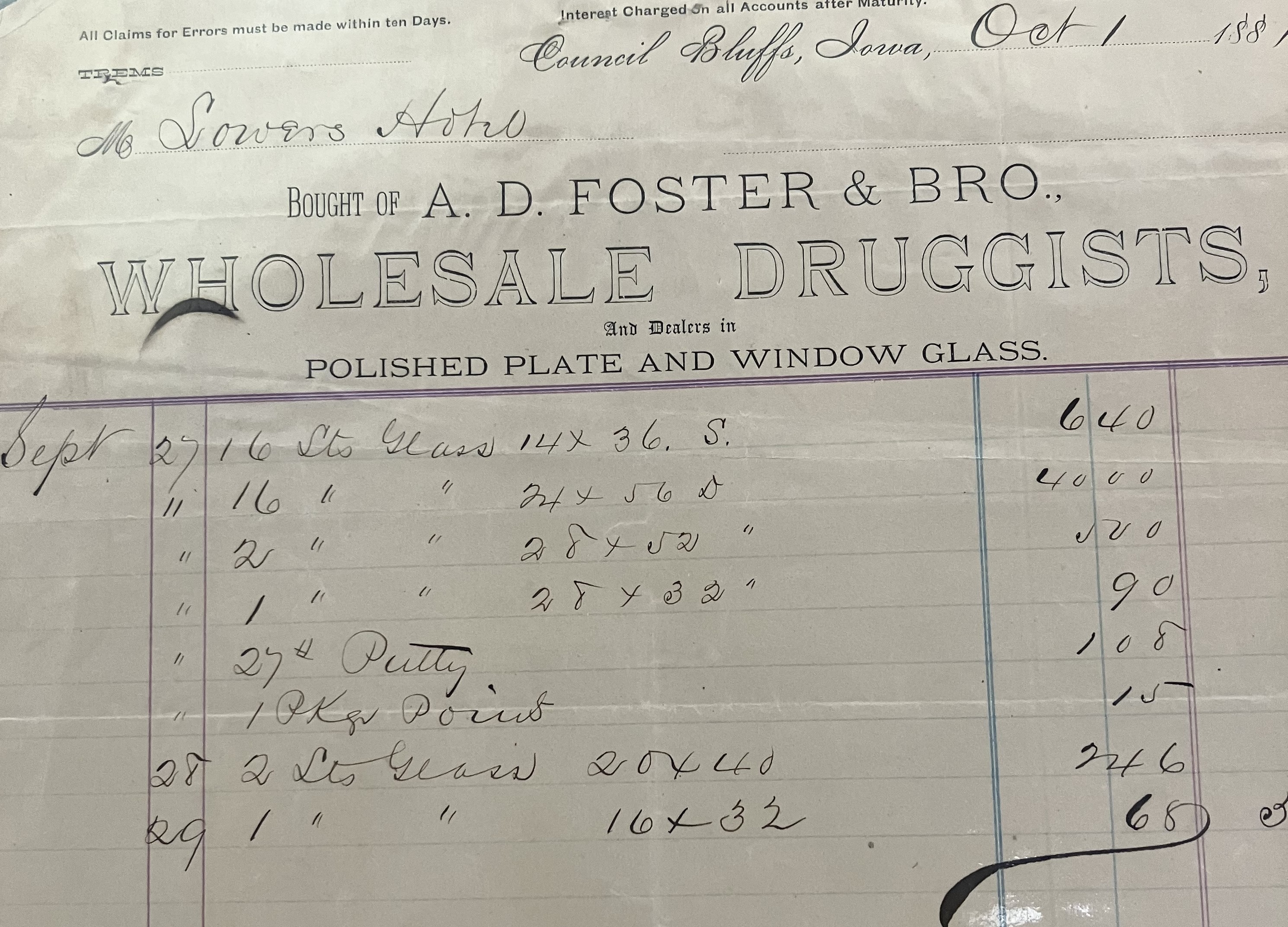 An invoice for windows purchased from A. D. Foster & Bro.