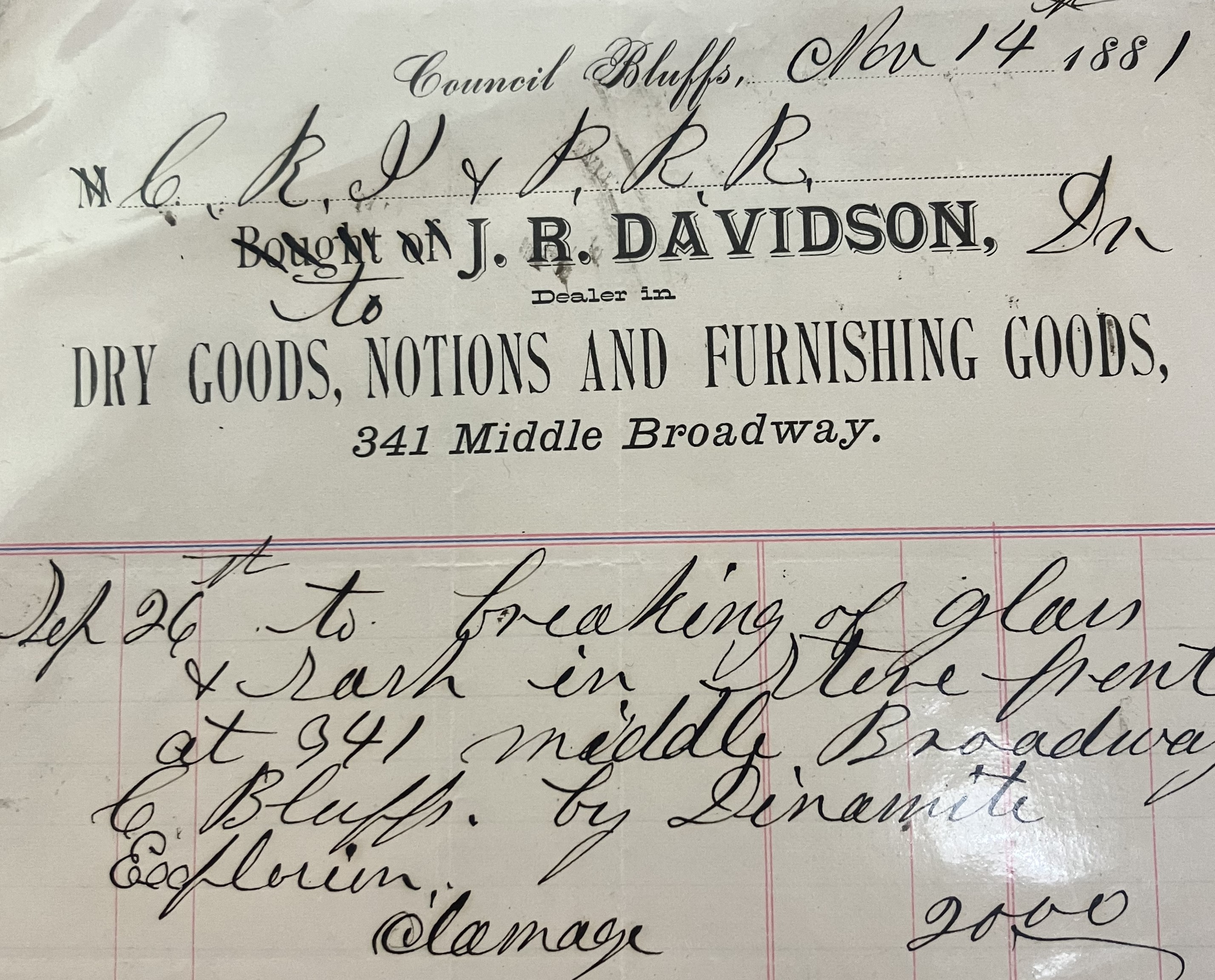 Receipt showing a payment for damages from CRI&P to J. R. Davidson, 1881