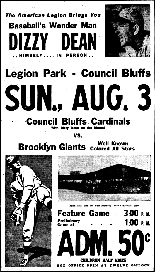 Newspaper advertisement for an appearance by Dizzy Dean on August 3, 1941 