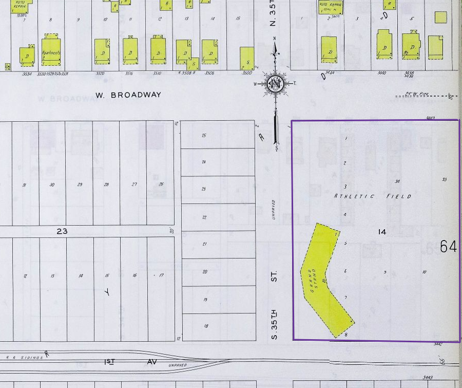 A 1928 fire insurance map showing the location of the baseball field at Broadway Park on 35th and West Broadway