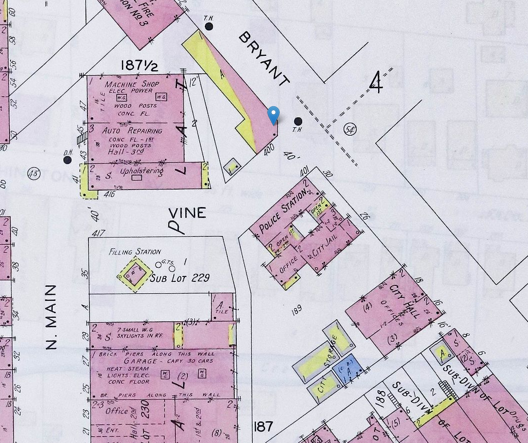 Fire Insurance Map from 1928 showing Bryant and Vine streets with the location of Sloan Park marked