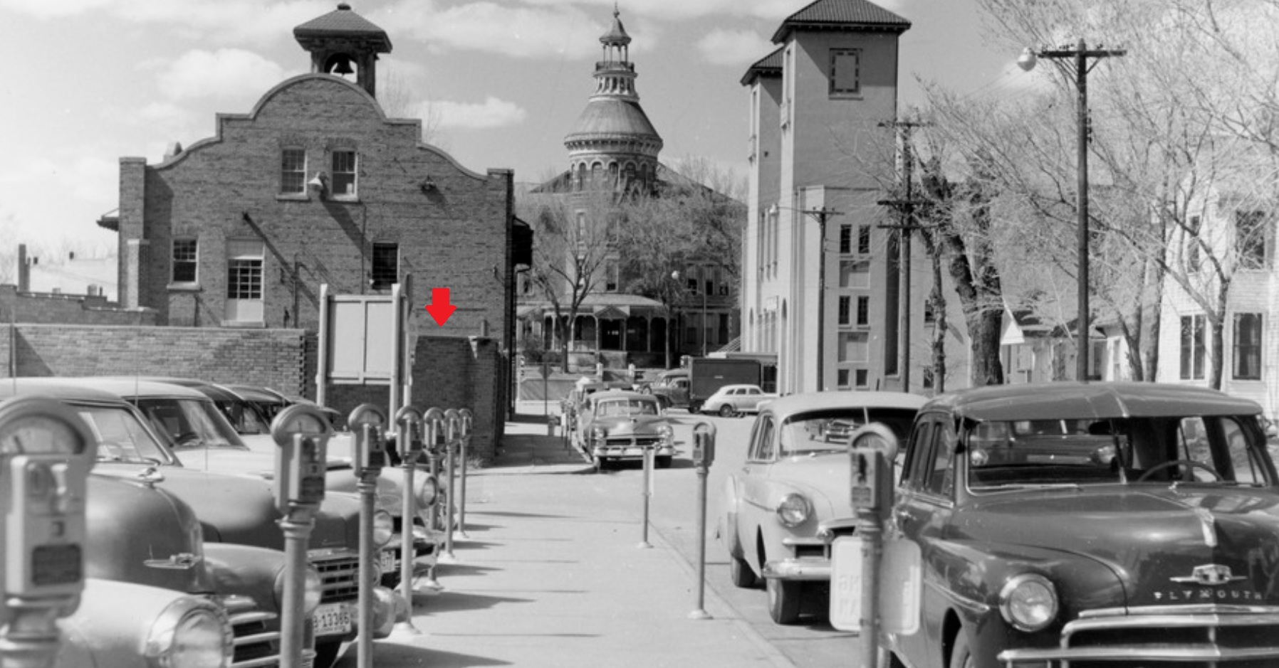 Photo showing the central fire station and city auditorium along with approximate location of Sloan Park in a 1954