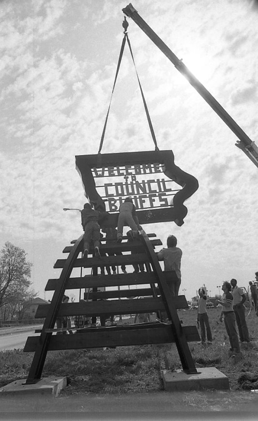 Welcome to Council Bluffs being installed on May 5, 1983