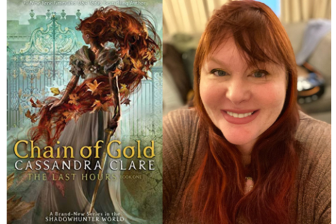 Photo of the author, Cassandra Clare, and her book "Chain of Gold"