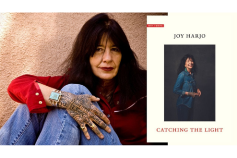 Photo of author, Joy Harjo, and her book "Catching the Light"