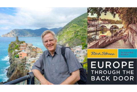 Photo of author, Rick Steves, and his book "Europe Through the Back Door"