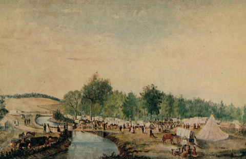 George Simons drawing. Mormon camping ground on Mosquito creek, near Park's Mill, at annual conference.