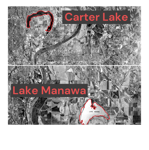 Map of Iowa and Nebraska showing Carter Lake and Lake Manawa