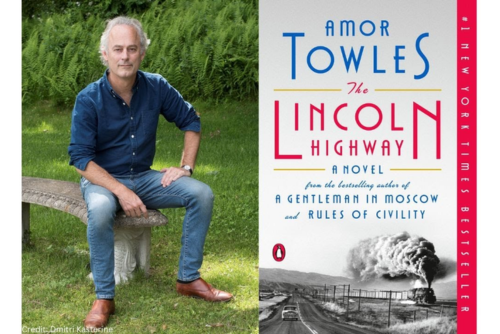 Photo of author, Amor Towles, and his book "The Lincoln Highway"