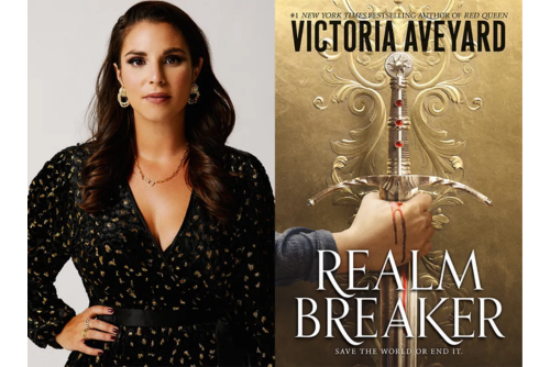 Photo of author, Victoria Aveyard, and her book "Realm Breaker"