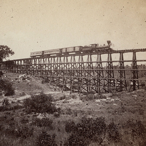 Photo of trestle bridge at New Castle, Placer County, California, ca. 1860s (Alfred Hart Collection/NPS.gov)