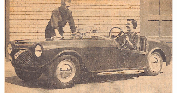 A photo of Alfred Clemens standing by his car with his wife, Mrs. Clemens, in the driver's seat
